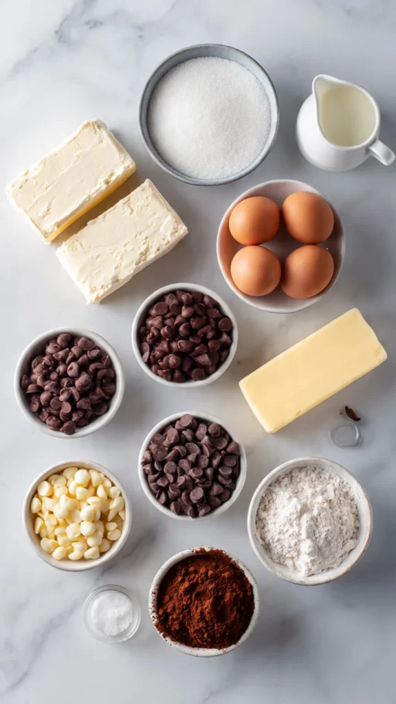 Flat lay of all ingredients for brownie Basque cheesecake including cream cheese, eggs, chocolate chips, butter, and cocoa powder on white marble