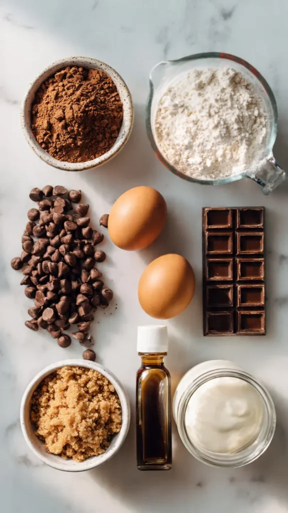 Flat lay of double chocolate muffin ingredients including cocoa powder, chocolate chips, eggs, flour, and vanilla extract on marble