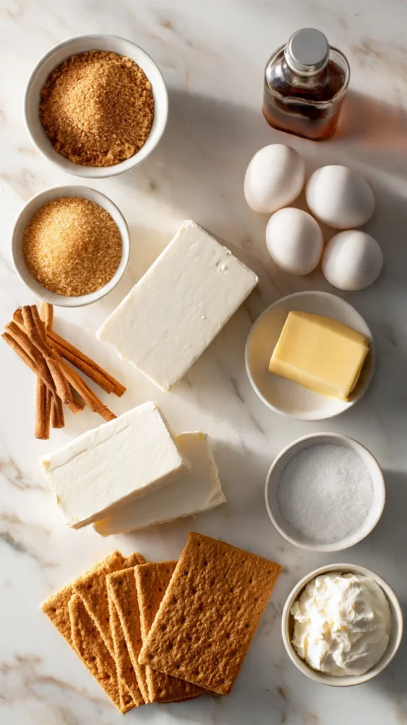 Flat lay of cream cheese, graham crackers, cinnamon, eggs and brown sugar on marble