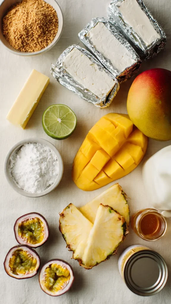 Flat lay of no-bake tropical cheesecake ingredients including cream cheese, mango, pineapple, passion fruit, graham crackers, heavy cream, and lime on a linen surface