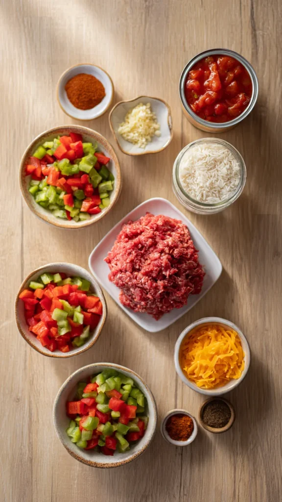 Raw ground beef, bell peppers, rice, and spices laid out for a one-pot skillet recipe