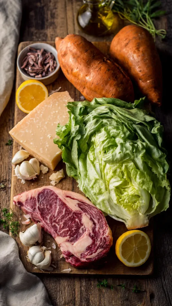 Flat lay of ribeye steak, sweet potatoes, romaine lettuce, and Caesar salad ingredients