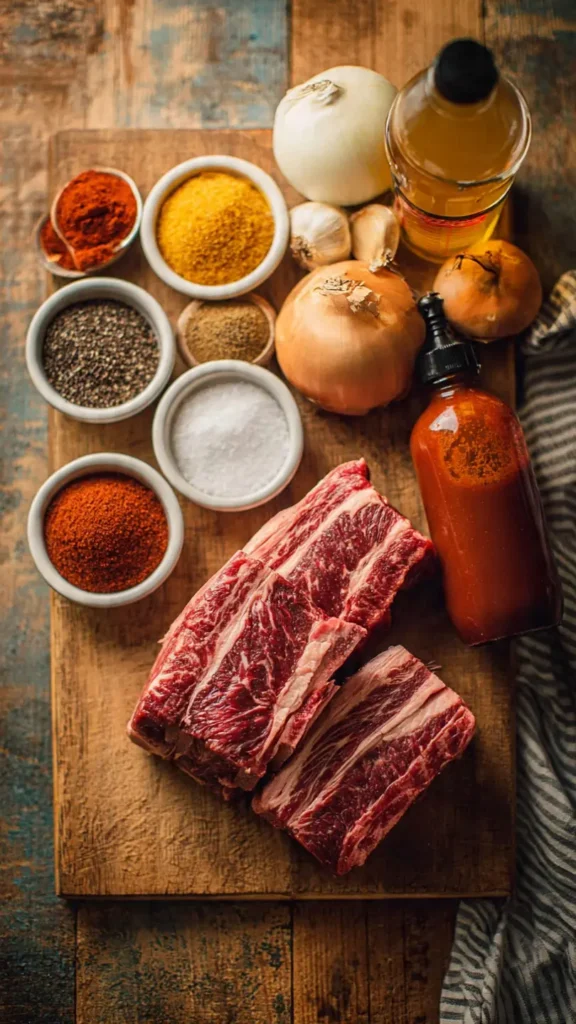 Raw bone-in beef short ribs with BBQ sauce, dry rub spices, and onion laid out before cooking