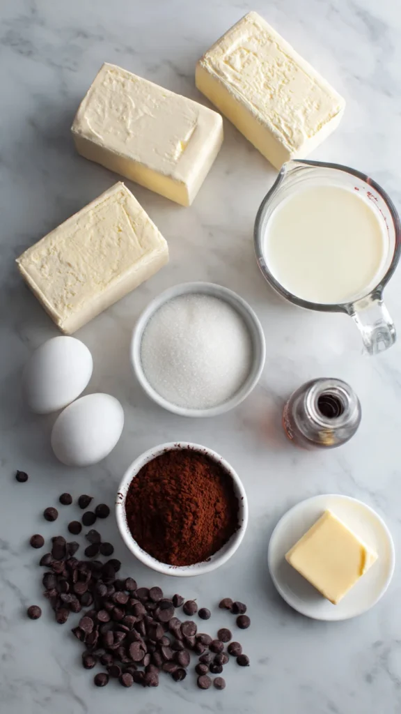 Flat lay of Slutty Basque Cheesecake ingredients including cream cheese blocks, eggs, cocoa powder, dark chocolate chips, heavy cream, sugar, and butter on white marble