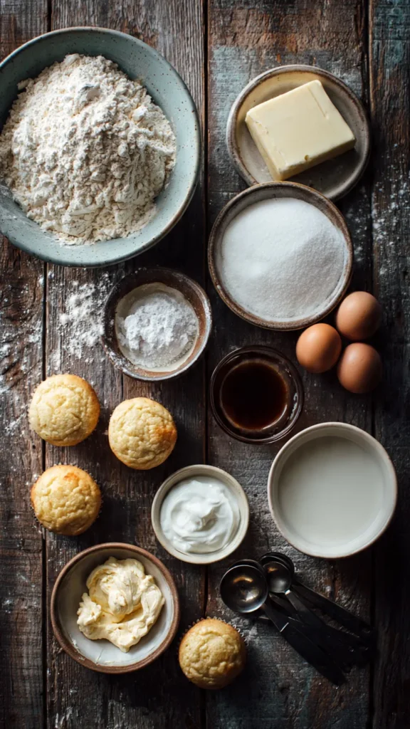 Flat lay of flour, butter, eggs, sugar, vanilla extract, and sour cream for vanilla cupcakes
