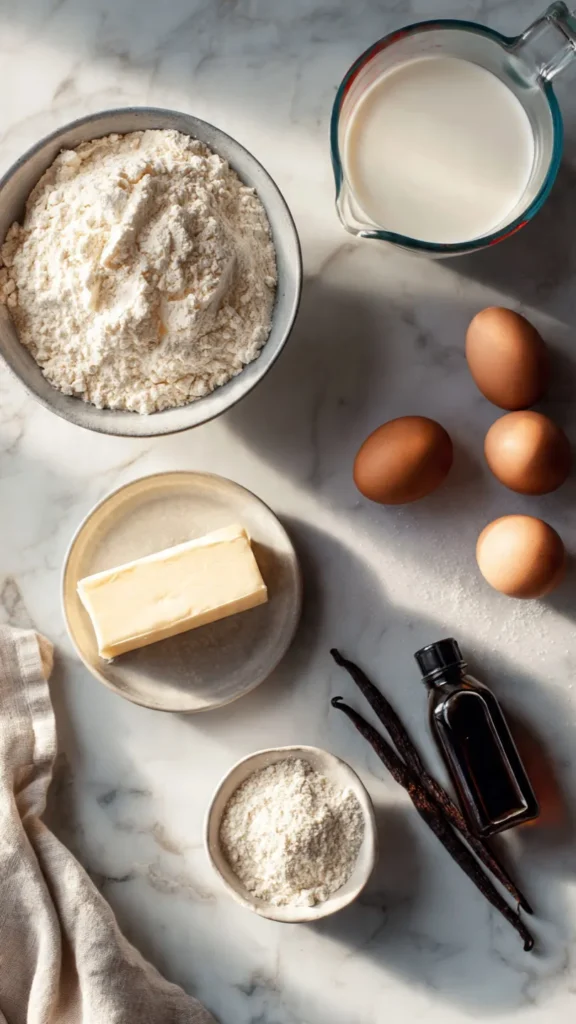 Flat-lay of vanilla cake ingredients including butter, eggs, milk, sugar, vanilla extract and cake flour