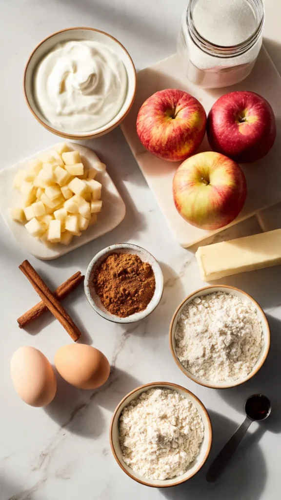 Flat lay of Greek yogurt, diced apple, flour, eggs, cinnamon, and butter for mini muffins on a marble countertop