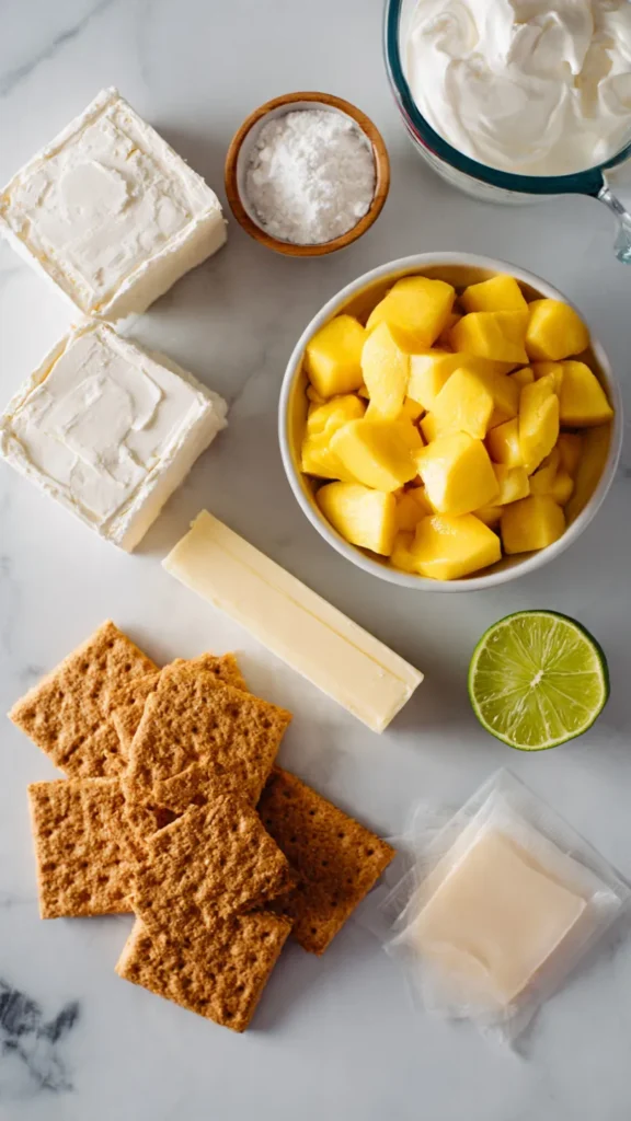 Flat lay of mango cheesecake ingredients including cream cheese, fresh mango, graham crackers, butter, and heavy cream