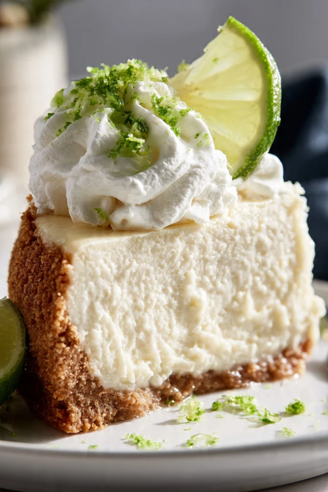 Sliced key lime pie cheesecake topped with whipped cream and lime zest on a white cake stand