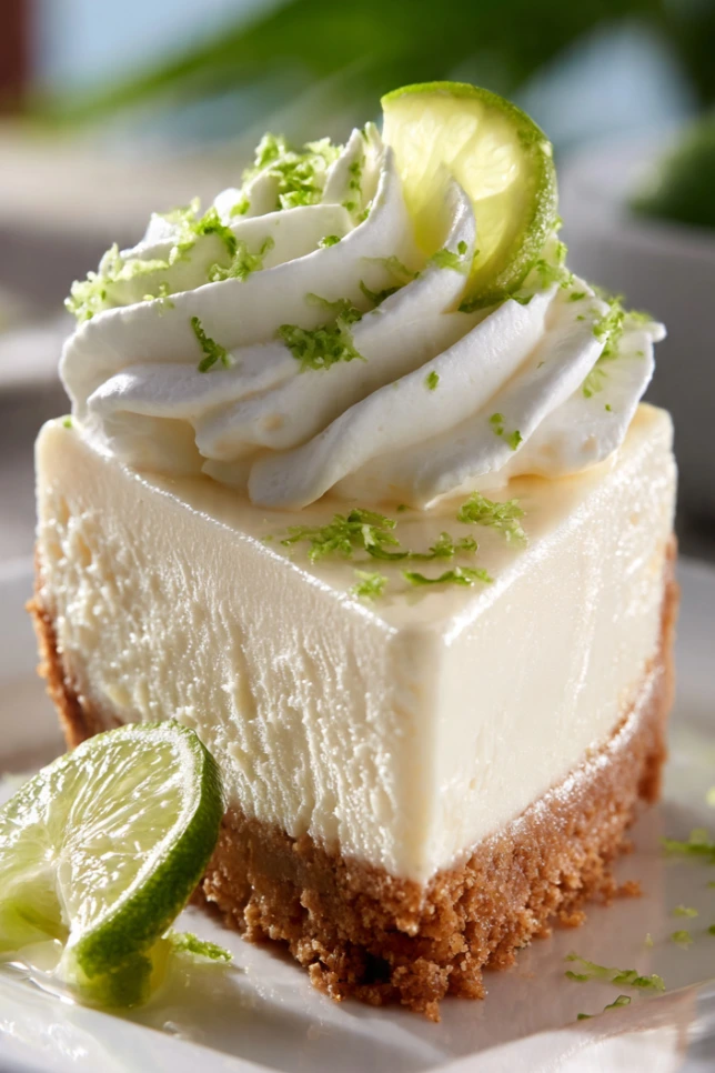 Sliced key lime pie cheesecake topped with whipped cream and lime zest on a white cake stand