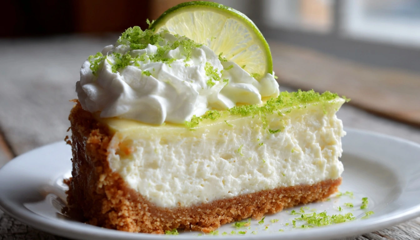 Sliced key lime pie cheesecake topped with whipped cream and lime zest on a white cake stand