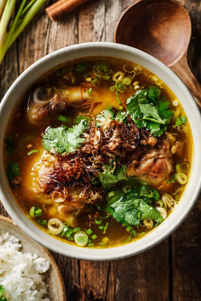 A steaming bowl of homemade Malay chicken soup (Sup Ayam) garnished with cilantro, fried shallots, and green onions, served with steamed rice on a wooden table