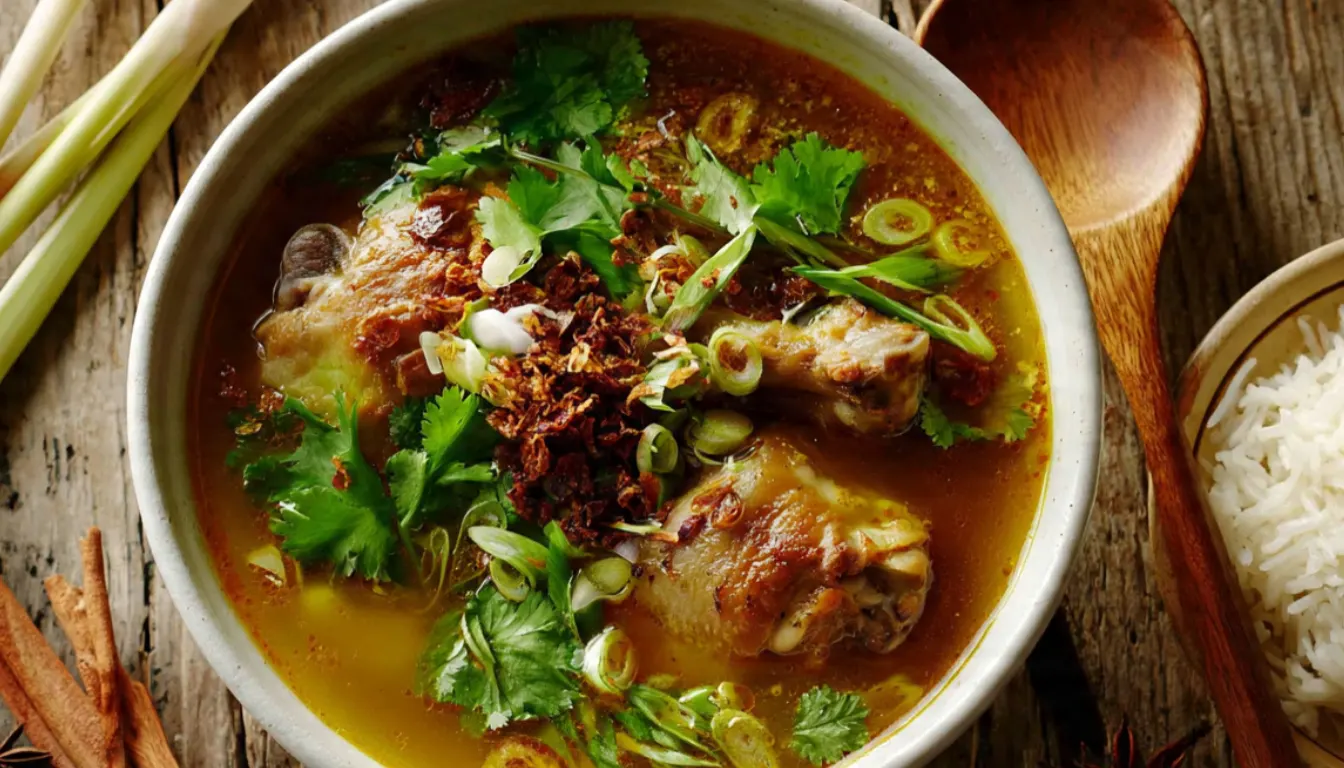 A steaming bowl of homemade Malay chicken soup (Sup Ayam) garnished with cilantro, fried shallots, and green onions, served with steamed rice on a wooden table