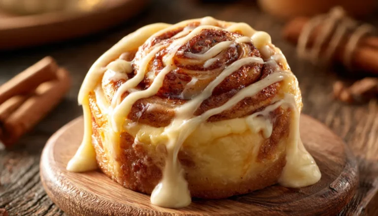 Mini cinnamon roll cheesecakes with cream cheese glaze on a wooden board