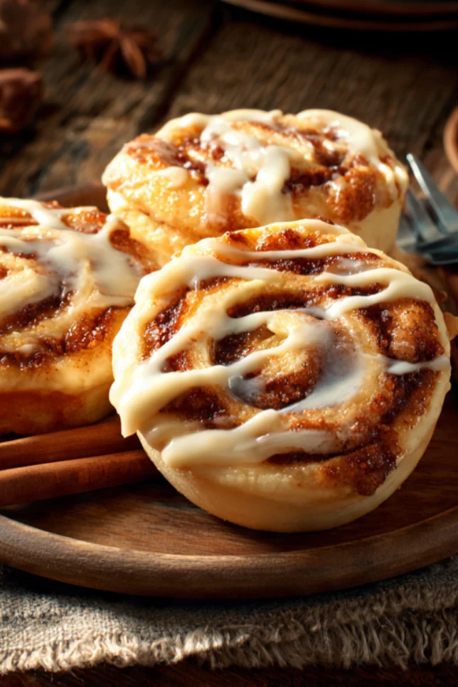 Mini cinnamon roll cheesecakes with cream cheese glaze on a wooden board