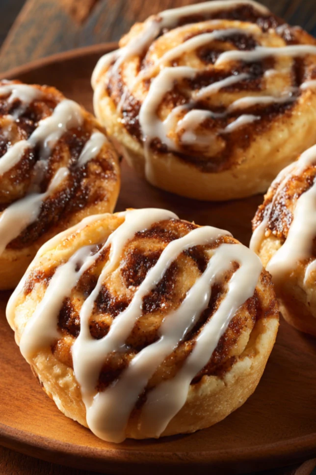 Mini cinnamon roll cheesecakes with cream cheese glaze on a wooden board