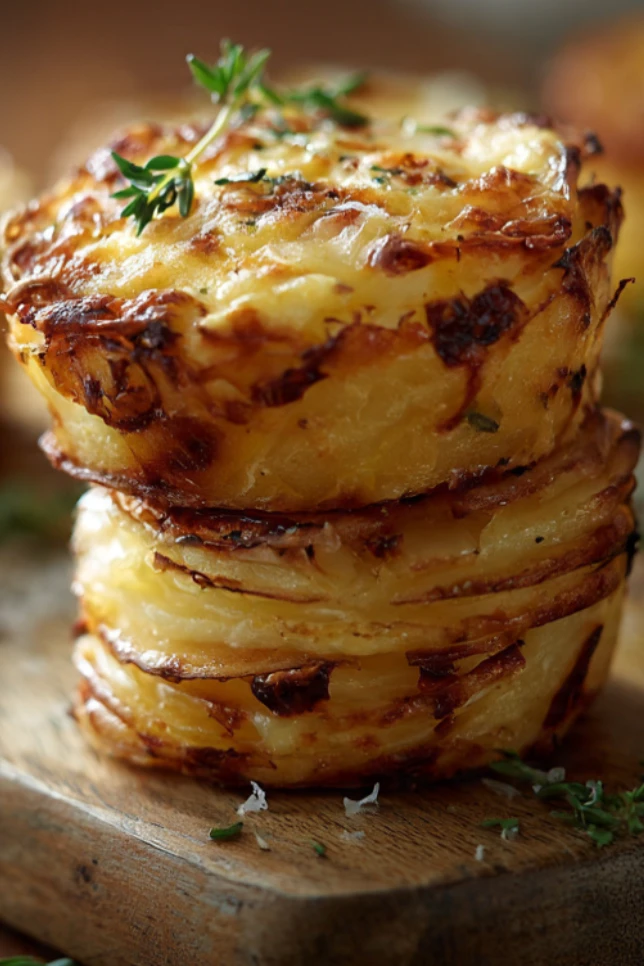 Golden muffin tin potato gratin stacks with crispy melted cheese on a rustic wooden board