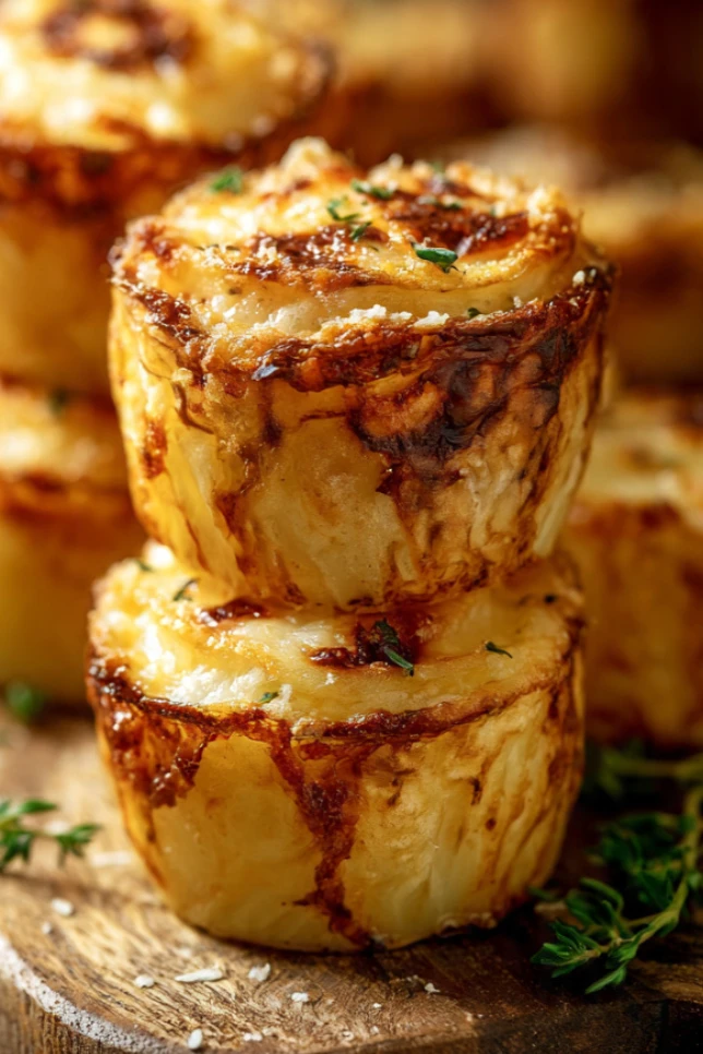 Golden muffin tin potato gratin stacks with crispy melted cheese on a rustic wooden board