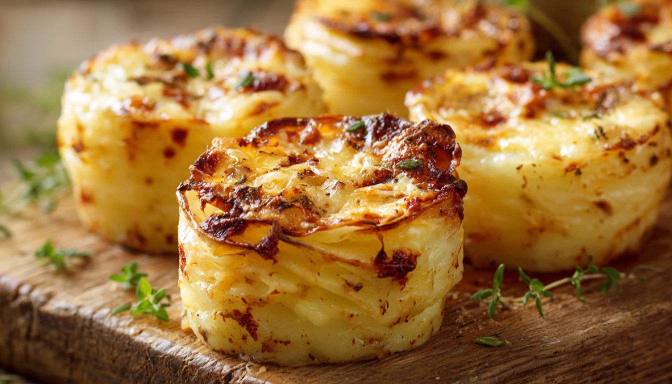 Golden muffin tin potato gratin stacks with crispy melted cheese on a rustic wooden board