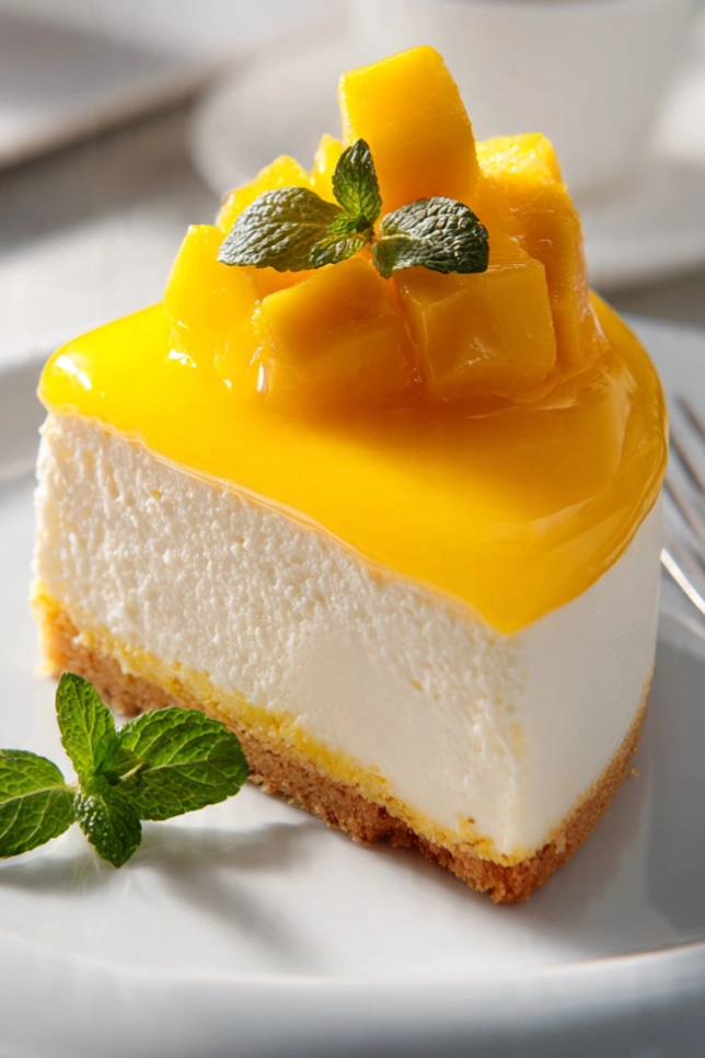 Whole no-bake mango cheesecake with a marbled mango swirl topping and fresh mango slices on a white cake stand