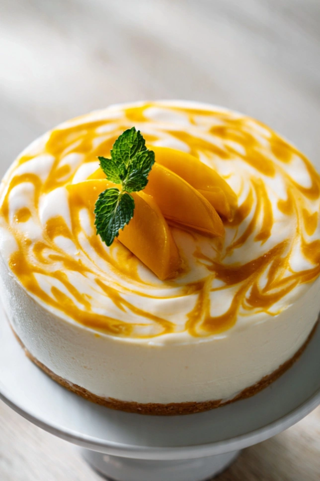 Whole no-bake mango cheesecake with a marbled mango swirl topping and fresh mango slices on a white cake stand