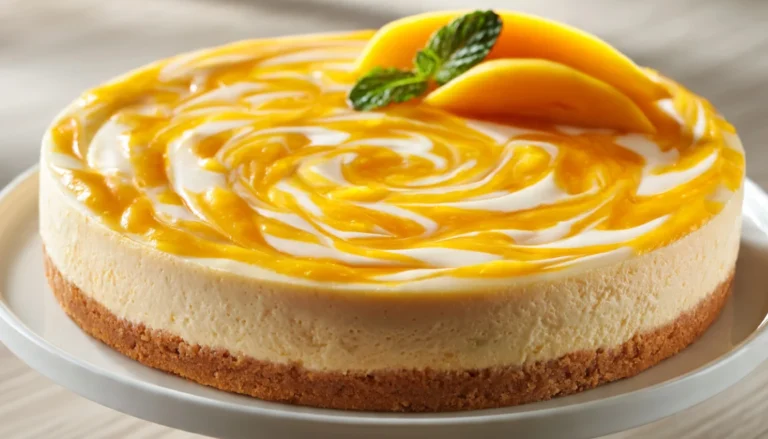 Whole no-bake mango cheesecake with a marbled mango swirl topping and fresh mango slices on a white cake stand