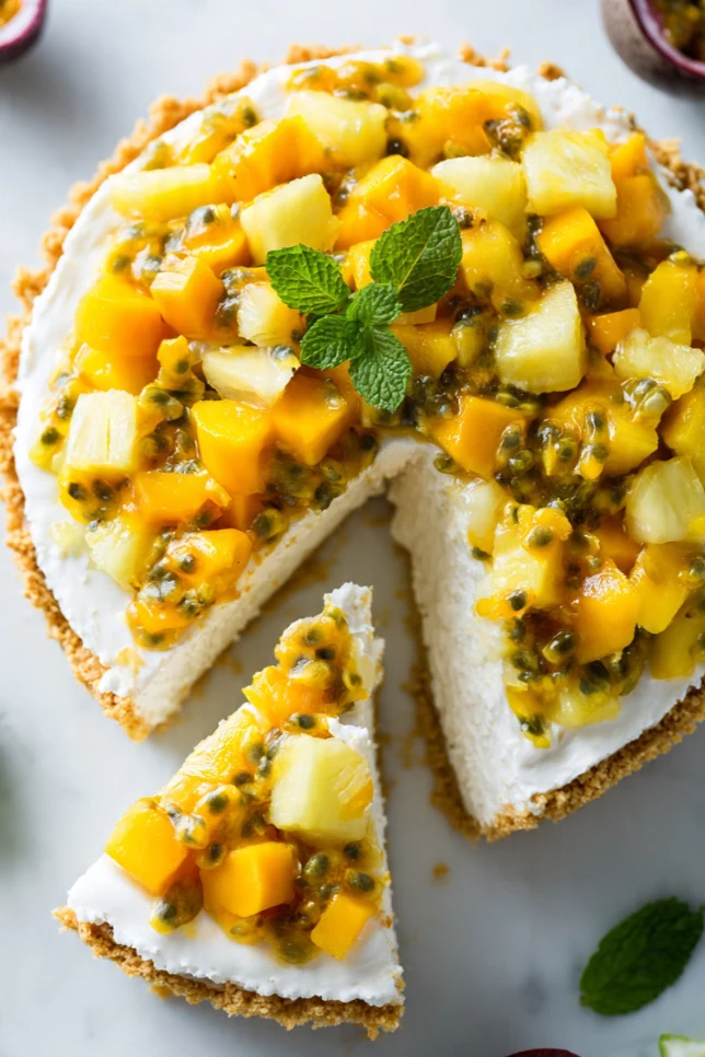 Overhead view of a no-bake tropical fruit cheesecake topped with fresh mango, pineapple, and passion fruit on a white marble surface