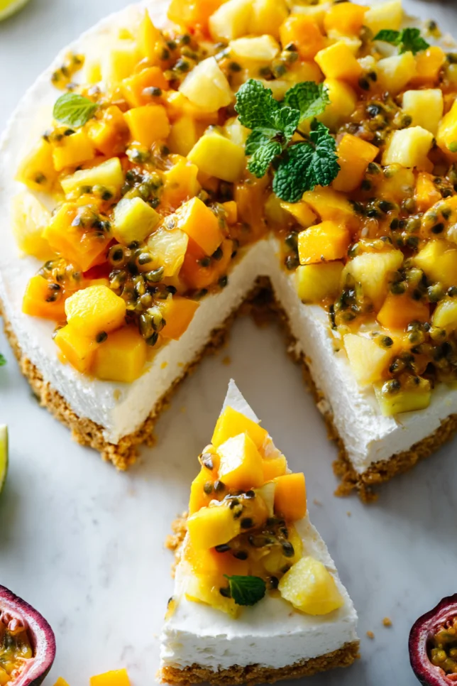 Overhead view of a no-bake tropical fruit cheesecake topped with fresh mango, pineapple, and passion fruit on a white marble surface