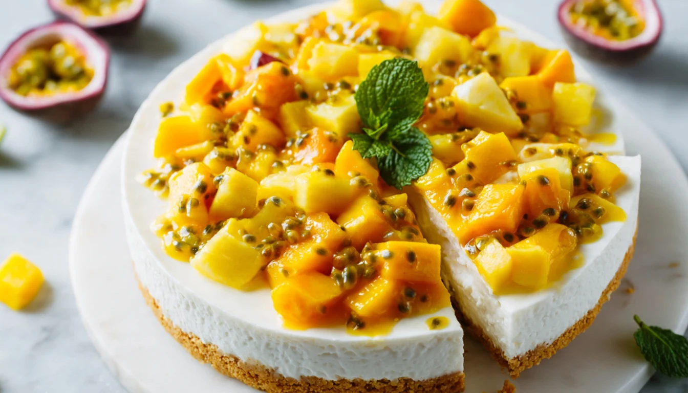 Overhead view of a no-bake tropical fruit cheesecake topped with fresh mango, pineapple, and passion fruit on a white marble surface