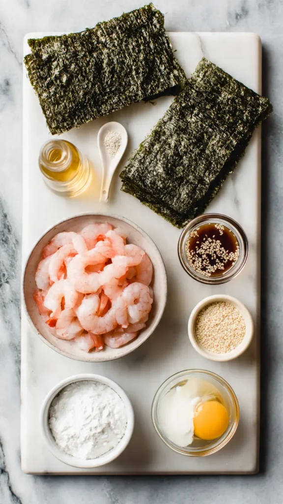 Flat lay of nori shrimp crisps ingredients including raw shrimp, nori sheets, sesame oil, fish sauce, sesame seeds and spices on white marble