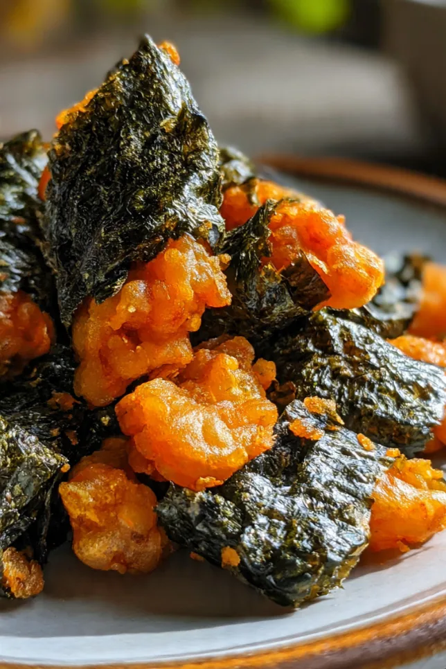 Crispy nori shrimp crisps topped with sesame seeds arranged on a dark slate board with soy sauce dipping bowl