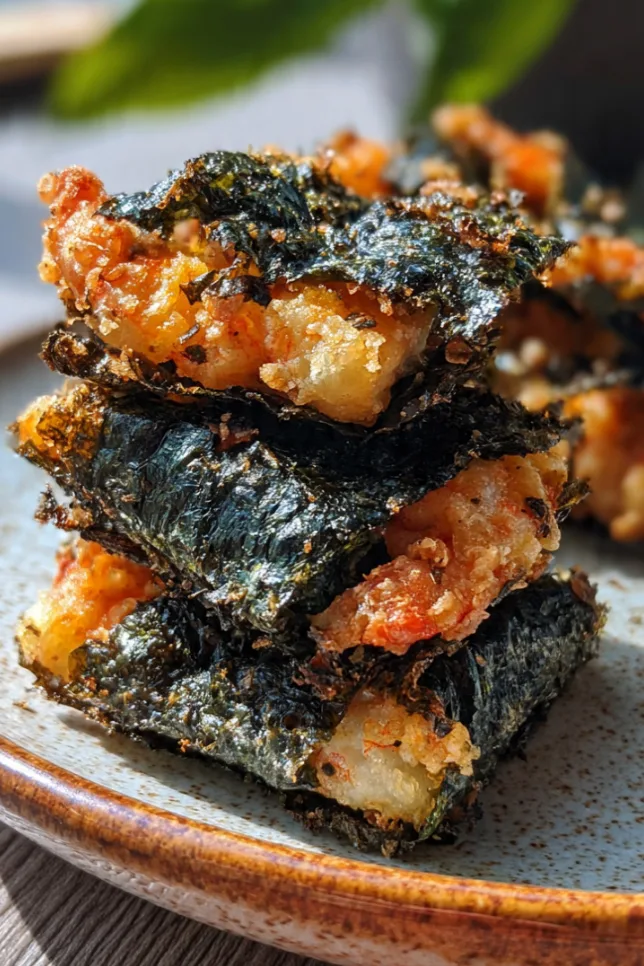 Crispy nori shrimp crisps topped with sesame seeds arranged on a dark slate board with soy sauce dipping bowl