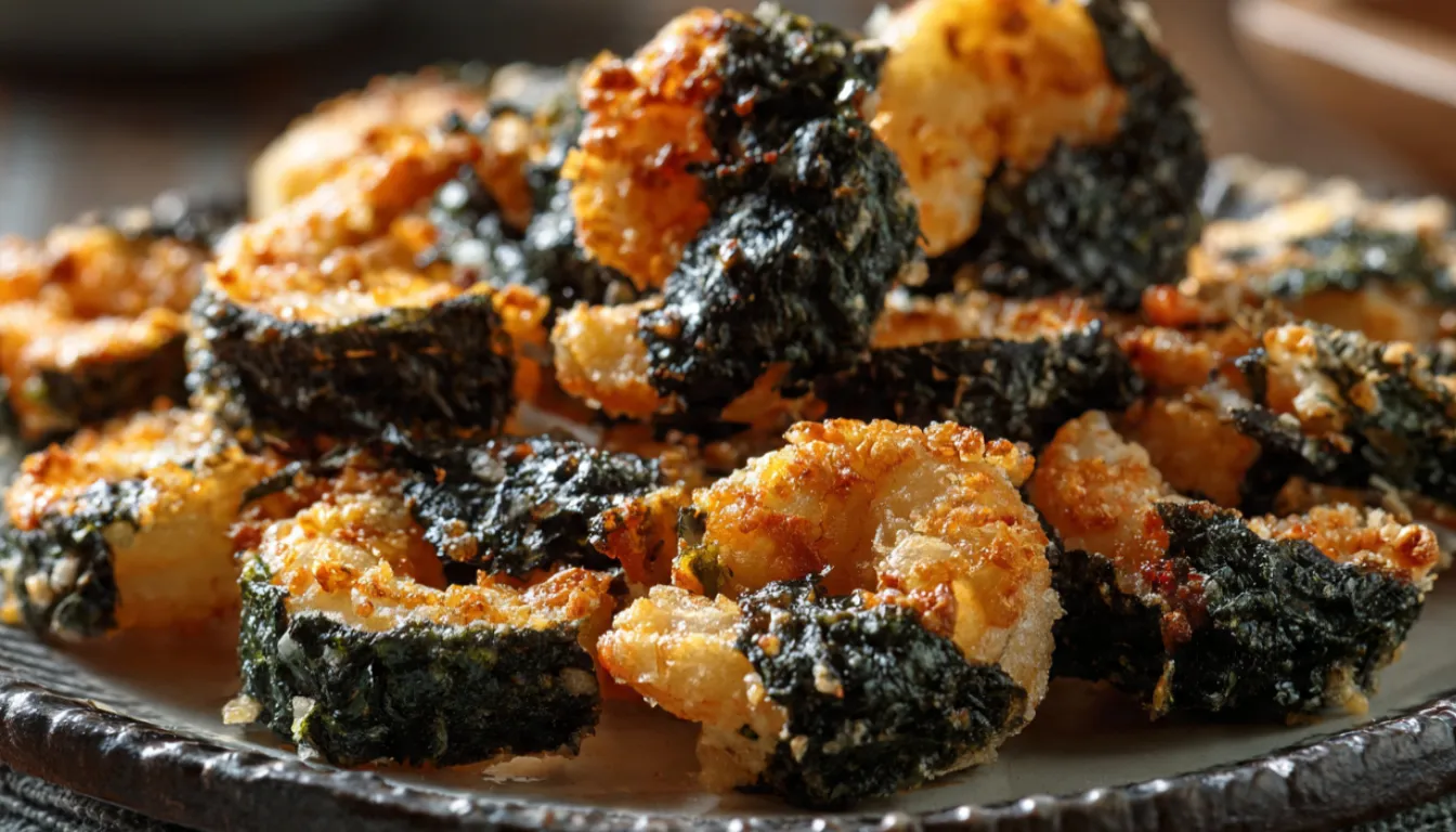 Crispy nori shrimp crisps topped with sesame seeds arranged on a dark slate board with soy sauce dipping bowl