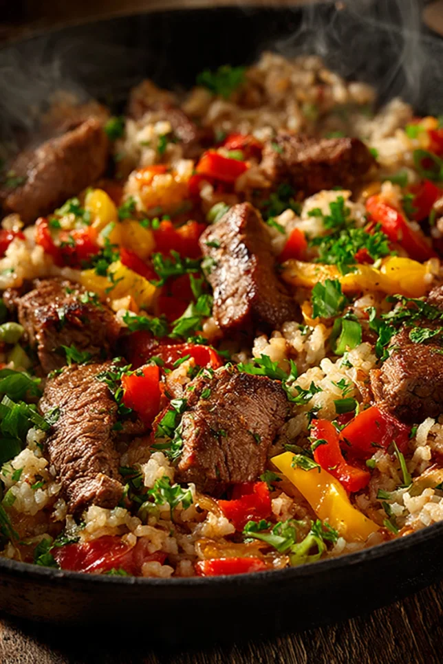 One-pot beef and bell pepper rice skillet topped with melted cheddar in a cast iron pan