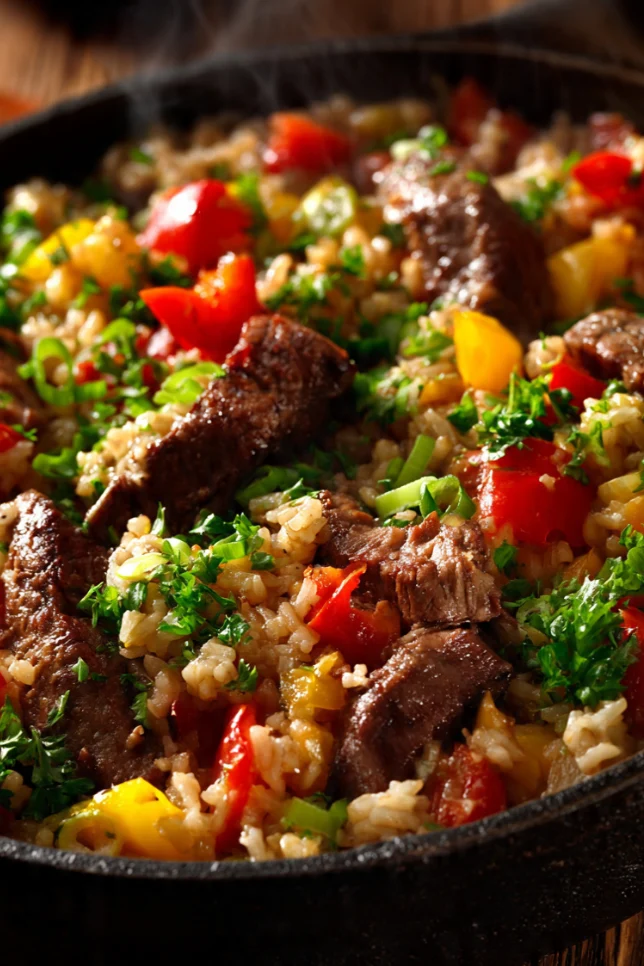 One-pot beef and bell pepper rice skillet topped with melted cheddar in a cast iron pan