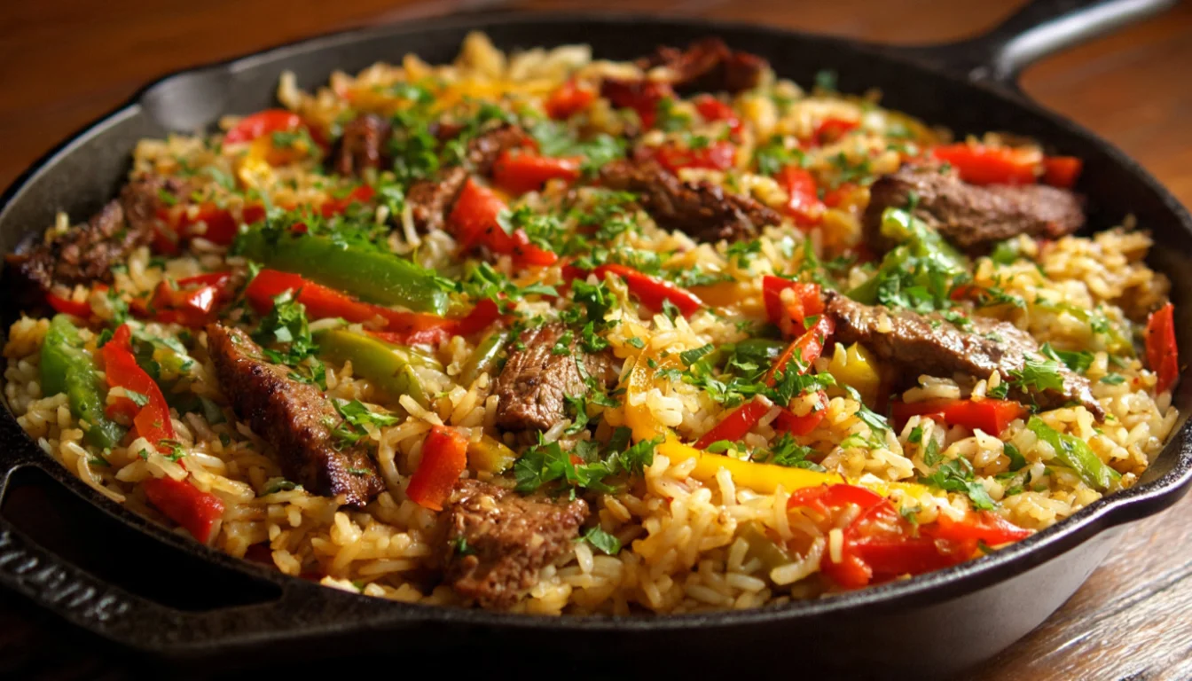 One-pot beef and bell pepper rice skillet topped with melted cheddar in a cast iron pan