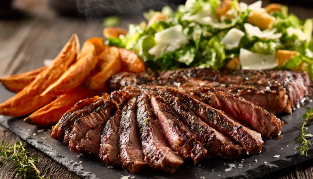 Sliced ribeye steak plated with roasted sweet potato wedges and Caesar salad