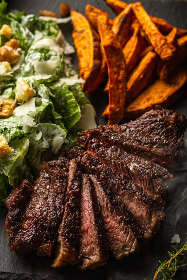 Sliced ribeye steak plated with roasted sweet potato wedges and Caesar salad