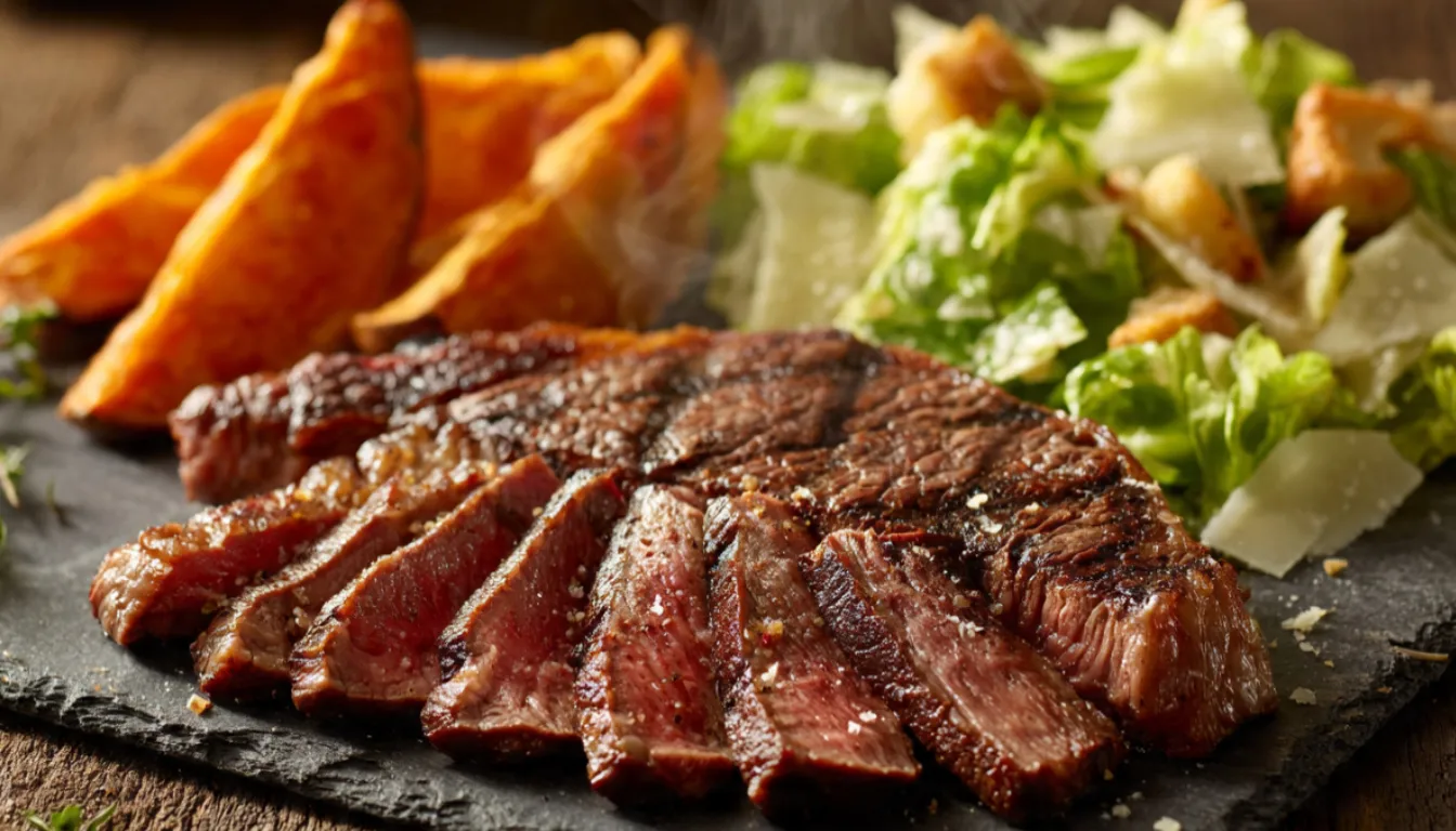 Sliced ribeye steak plated with roasted sweet potato wedges and Caesar salad