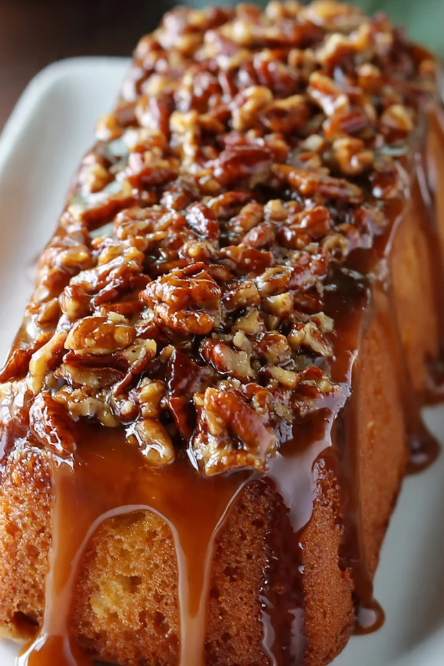Homemade Pecan Praline Pound Cake with caramel glaze and toasted pecans