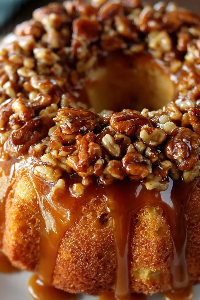 Homemade Pecan Praline Pound Cake with caramel glaze and toasted pecans