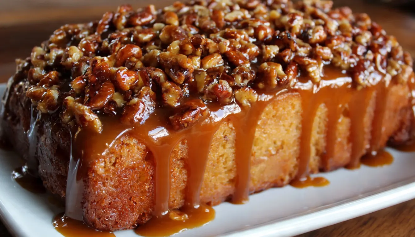 Homemade Pecan Praline Pound Cake with caramel glaze and toasted pecans