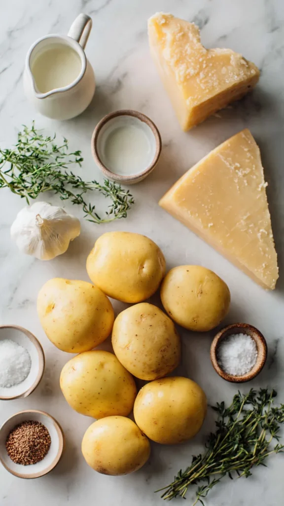 Overhead view of fresh ingredients for muffin tin potato gratin including Yukon Gold potatoes, Gruyere, Parmesan, cream, garlic and thyme