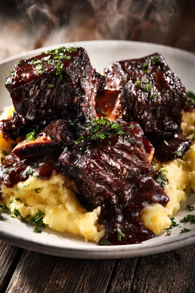 Tender slow cooker BBQ beef short ribs glazed in barbecue sauce served over mashed potatoes