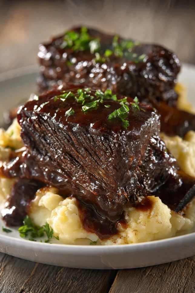 Tender slow cooker BBQ beef short ribs glazed in barbecue sauce served over mashed potatoes