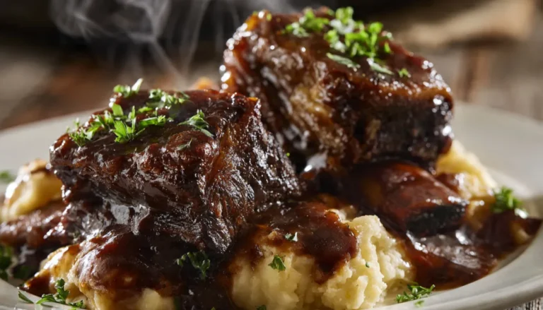 Tender slow cooker BBQ beef short ribs glazed in barbecue sauce served over mashed potatoes