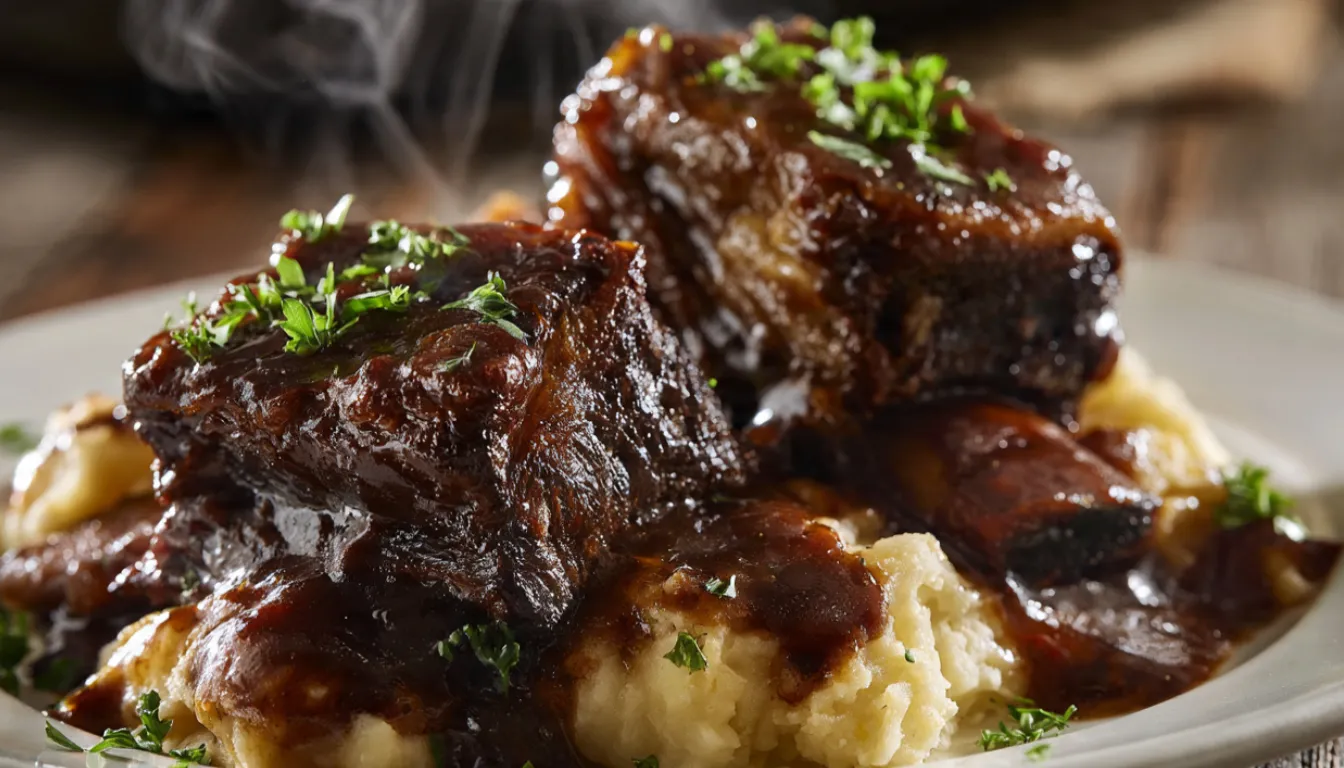 Tender slow cooker BBQ beef short ribs glazed in barbecue sauce served over mashed potatoes