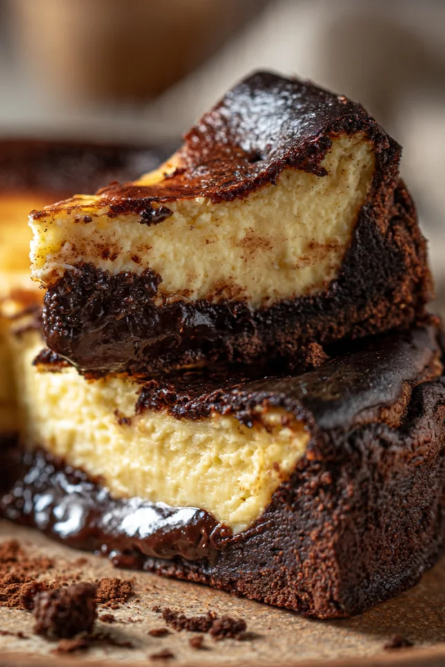 Whole Slutty Basque Cheesecake with burnt caramelized top and fudgy brownie bottom layer on white ceramic plate
