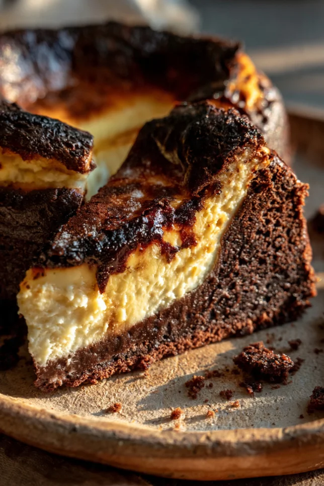 Whole Slutty Basque Cheesecake with burnt caramelized top and fudgy brownie bottom layer on white ceramic plate