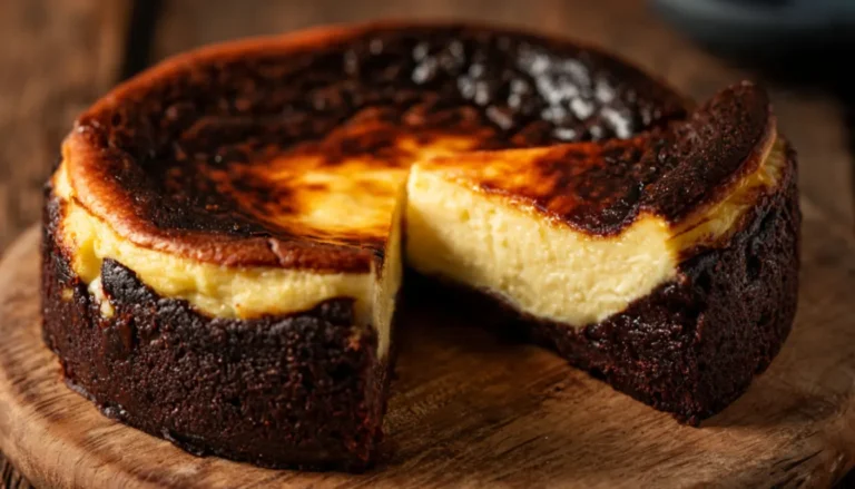 Whole Slutty Basque Cheesecake with burnt caramelized top and fudgy brownie bottom layer on white ceramic plate